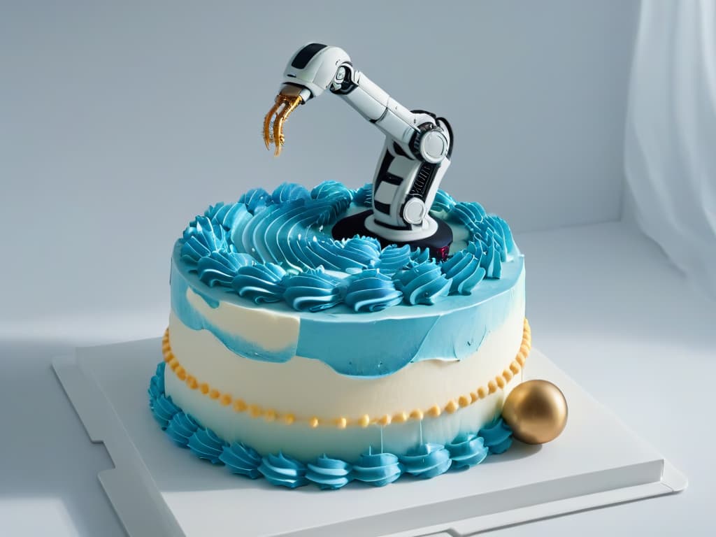  A sleek, modern kitchen countertop with a stateoftheart robotic arm delicately piping intricate designs onto a multilayered cake. The robot's movements are precise and graceful, showcasing its advanced technology in assisting with intricate pastry decorations. The countertop is clean and minimalist, emphasizing the futuristic aspect of robotic assistance in the art of pastry making. hyperrealistic, full body, detailed clothing, highly detailed, cinematic lighting, stunningly beautiful, intricate, sharp focus, f/1. 8, 85mm, (centered image composition), (professionally color graded), ((bright soft diffused light)), volumetric fog, trending on instagram, trending on tumblr, HDR 4K, 8K