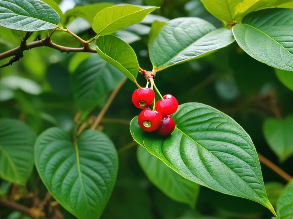  A photorealistic image of a vibrant coffee plant with lush green leaves and ripe red coffee cherries hanging from the branches, set against a backdrop of a bustling fair trade coffee farm. The sunlight filters through the leaves, casting dappled shadows on the rich soil below, highlighting the beauty and sustainability of fair trade coffee production. hyperrealistic, full body, detailed clothing, highly detailed, cinematic lighting, stunningly beautiful, intricate, sharp focus, f/1. 8, 85mm, (centered image composition), (professionally color graded), ((bright soft diffused light)), volumetric fog, trending on instagram, trending on tumblr, HDR 4K, 8K