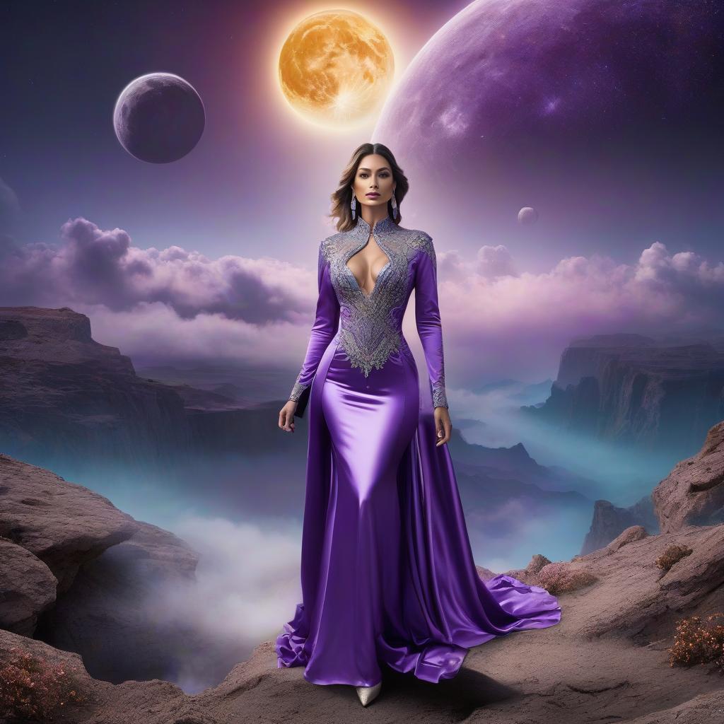  Flying saucer. Space, fantasy. Purple, blue, silver colors. Moon. Purple silk linen. Topaz, diamonds, quartzite, amber, topaz, emerald. The meeting of the sun and the moon. hyperrealistic, full body, detailed clothing, highly detailed, cinematic lighting, stunningly beautiful, intricate, sharp focus, f/1. 8, 85mm, (centered image composition), (professionally color graded), ((bright soft diffused light)), volumetric fog, trending on instagram, trending on tumblr, HDR 4K, 8K