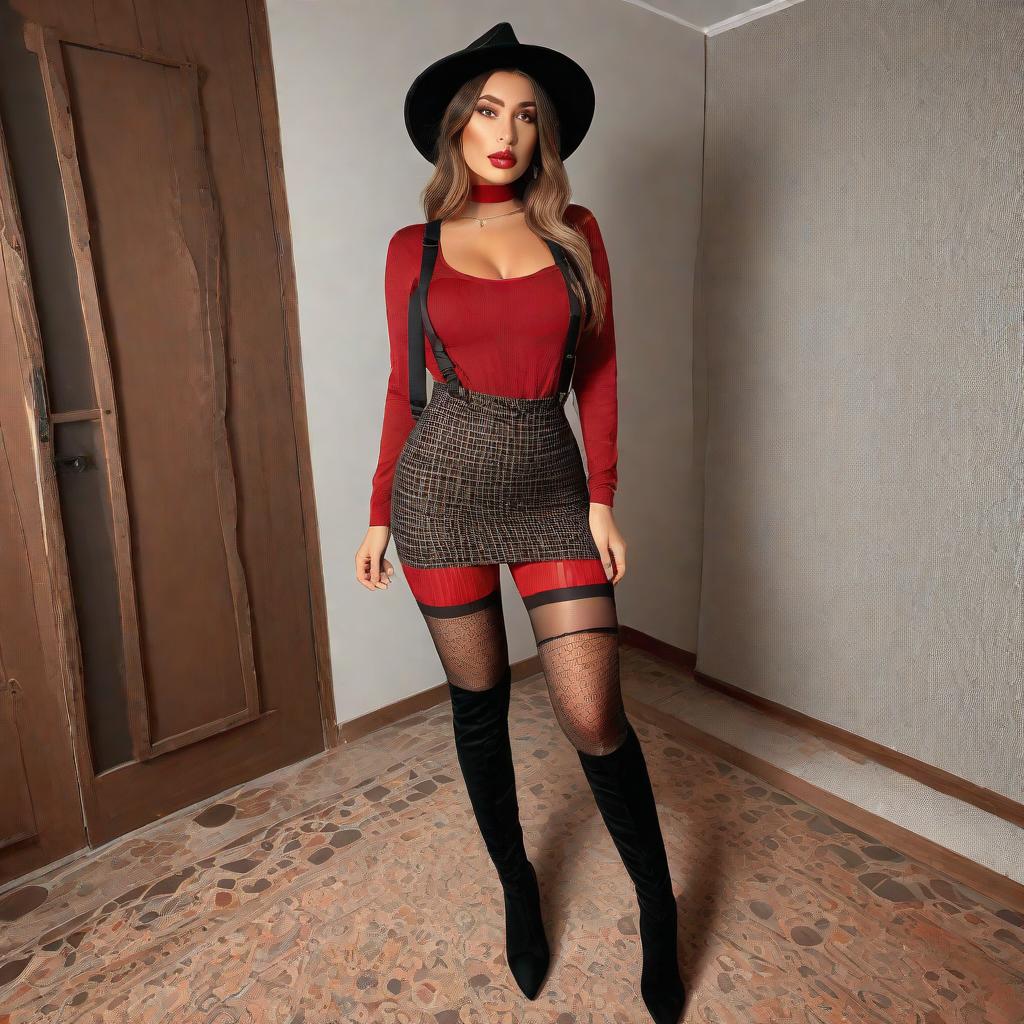  a woman in a black dress, red skirt, tights brown, nylon,  pantyhose, pattern, suspender-tights, knee-high boots black, hat, Party Outfit ,full-body!, and hat posing for a picture, sfw breasts, instagram model, inspired by Anna Katharina Block, there is a glow coming from her, mesh shirt, mixture turkish and russian, a gorgeous blonde, deep dimples, in elegant decollete, sasoura, by Bourgeois hyperrealistic, full body, detailed clothing, highly detailed, cinematic lighting, stunningly beautiful, intricate, sharp focus, f/1. 8, 85mm, (centered image composition), (professionally color graded), ((bright soft diffused light)), volumetric fog, trending on instagram, trending on tumblr, HDR 4K, 8K