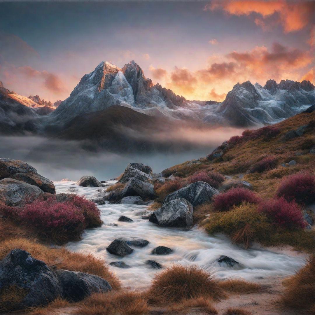  An Impressionist style illustration of a mountain with a broad aspect ratio. hyperrealistic, full body, detailed clothing, highly detailed, cinematic lighting, stunningly beautiful, intricate, sharp focus, f/1. 8, 85mm, (centered image composition), (professionally color graded), ((bright soft diffused light)), volumetric fog, trending on instagram, trending on tumblr, HDR 4K, 8K