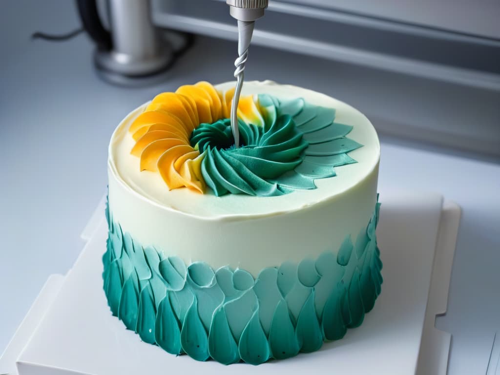  A closeup, ultradetailed image of a 3D printer nozzle delicately crafting intricate, swirling patterns on a beautifully decorated cake. The vibrant colors of the frosting contrast with the sleek metal of the nozzle, emphasizing the hightech and artistic fusion that 3D printers bring to the world of dessert decoration. Each tiny movement of the nozzle is frozen in time, capturing the precision and artistry of this cuttingedge technology. hyperrealistic, full body, detailed clothing, highly detailed, cinematic lighting, stunningly beautiful, intricate, sharp focus, f/1. 8, 85mm, (centered image composition), (professionally color graded), ((bright soft diffused light)), volumetric fog, trending on instagram, trending on tumblr, HDR 4K, 8K