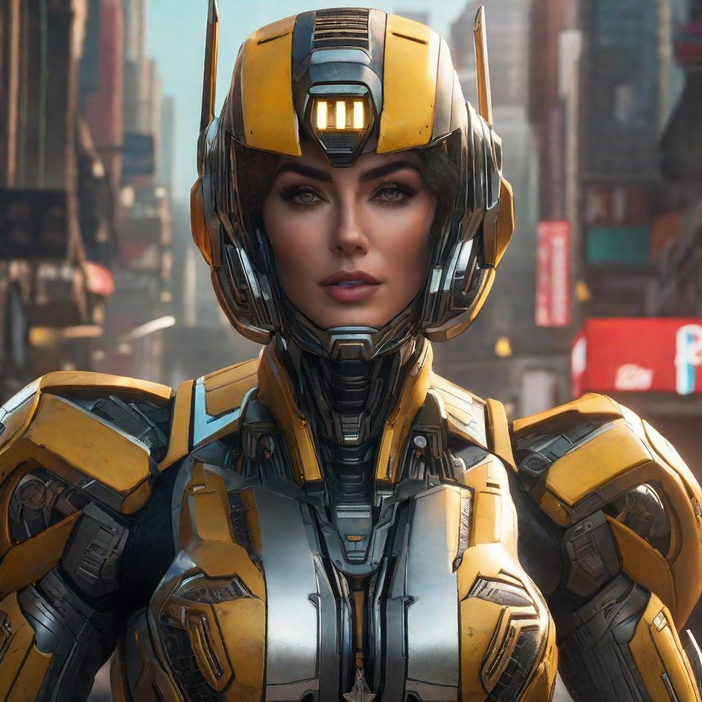  Bumblebee de Transformers version humana y mujer , Anime, realistic shaded Perfect face, fine details. Anime. realistic shaded lighting by Ilya Kuvshinov krenz cushart katsuhiro otomo, magali villeneuve, artgerm, rutkowski Jeremy Lipkin and Giuseppe Dangelico Pino and Michael Garmash and Rob Rey hyperrealistic, full body, detailed clothing, highly detailed, cinematic lighting, stunningly beautiful, intricate, sharp focus, f/1. 8, 85mm, (centered image composition), (professionally color graded), ((bright soft diffused light)), volumetric fog, trending on instagram, trending on tumblr, HDR 4K, 8K