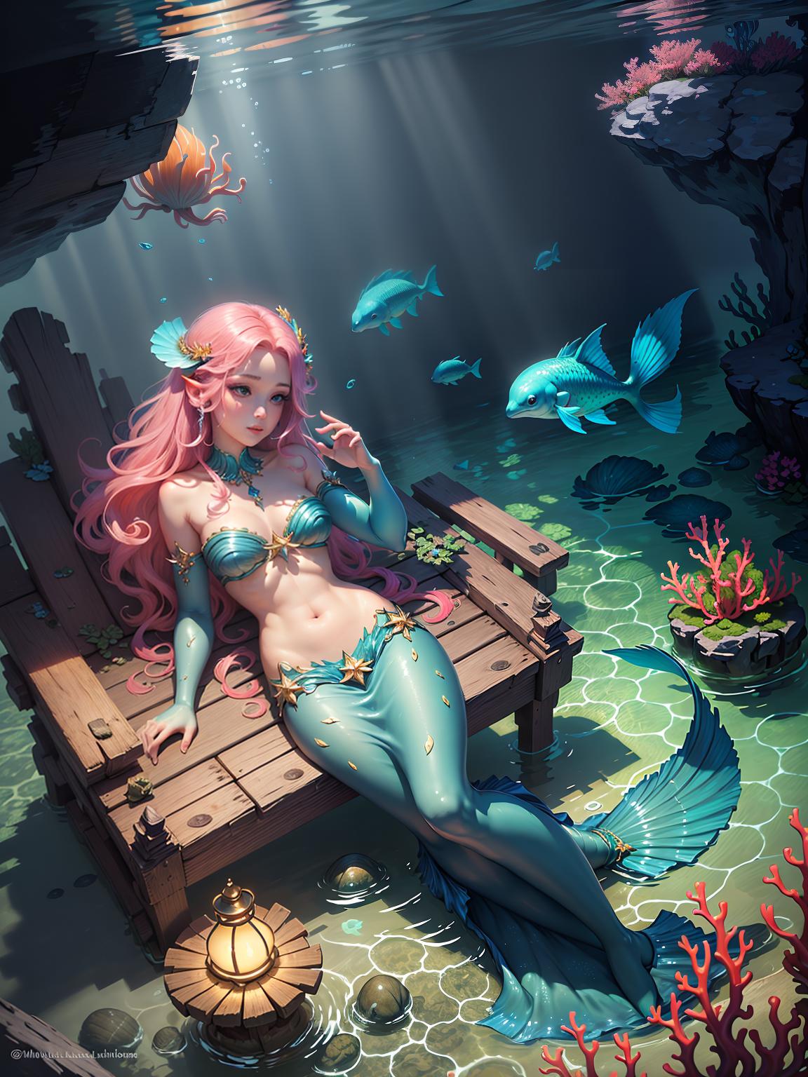  master piece, best quality, ultra detailed, highres, 4k.8k, Mermaid with a beautiful voice., Communing with underwater creatures, swimming gracefully, singing enchanting melodies., Enchanting and serene., BREAK Beautiful voiced mermaid. Living in a coral palace and communicating with underwater creatures., Coral palace underwater., Coral reefs, seashells, colorful fish, glowing jellyfish., BREAK Calming and magical with vibrant colors., Gentle light rays filtering through the water, creating a dreamy ambiance., fun00d