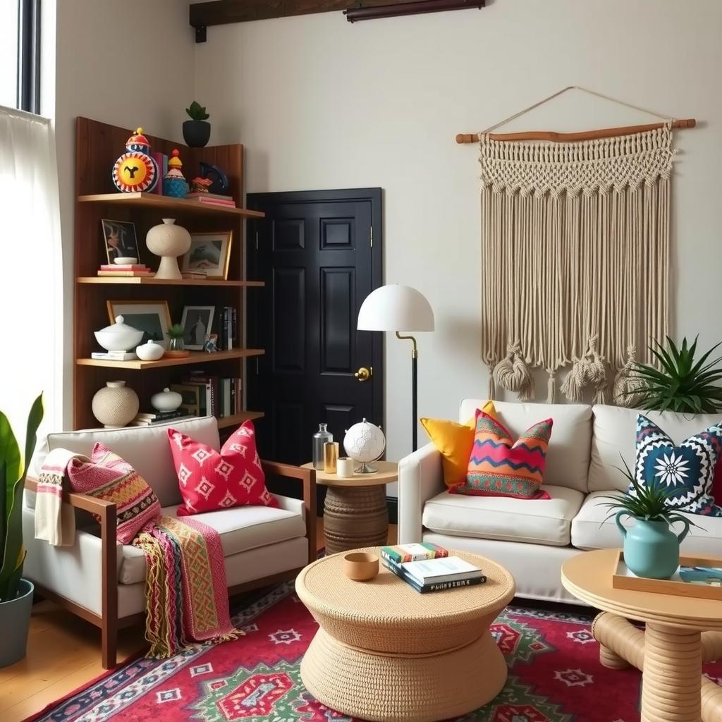  cozy boho living room featuring functional art pieces such as an eclectic bookshelf with colorful decorations, vibrant patterned throw pillows, a woven coffee table, and a large macramé wall hanging. highlight the blend of practicality and bohemian style in the space.,