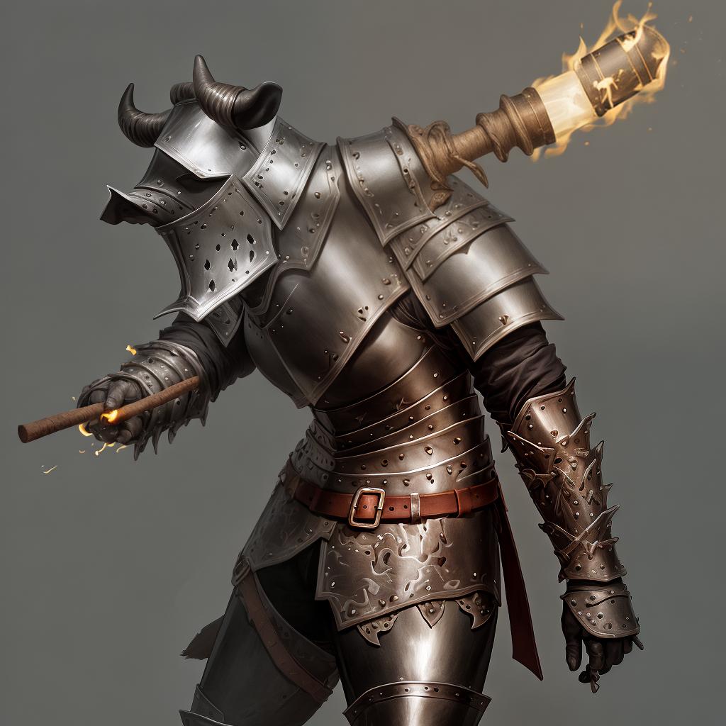  knight, leather cow armor, holding torch and stick