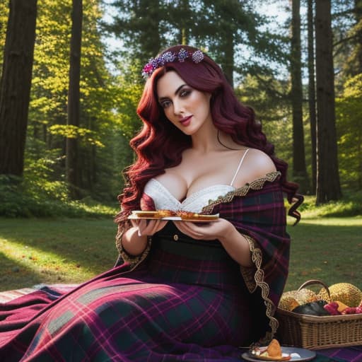  /send image of Amythyst, a woman with voluminous dark red hair in a loose gibson style wearing a purple tartan victorian gown while a picnic blanketThe soft plaid picnic blanket stretched out before her as she lounges against it, wearing a sumptuous purple tartan Victorian dress that falls elegantly to her ankles. Her dark red curls cascade around her shoulders and frame her face in luscious waves - arranged in a big loose Gibson bun atop her head held together with gold-plated combs. Her delicate hands gently exploring the muscular warmth beneath Feannag's kilt as she nibbles on a sandwich. Surrounding them is a picturesque scene from the park; tall trees provide shade while bird songs fill the air amidst vint hyperrealistic, full body, detailed clothing, highly detailed, cinematic lighting, stunningly beautiful, intricate, sharp focus, f/1. 8, 85mm, (centered image composition), (professionally color graded), ((bright soft diffused light)), volumetric fog, trending on instagram, trending on tumblr, HDR 4K, 8K