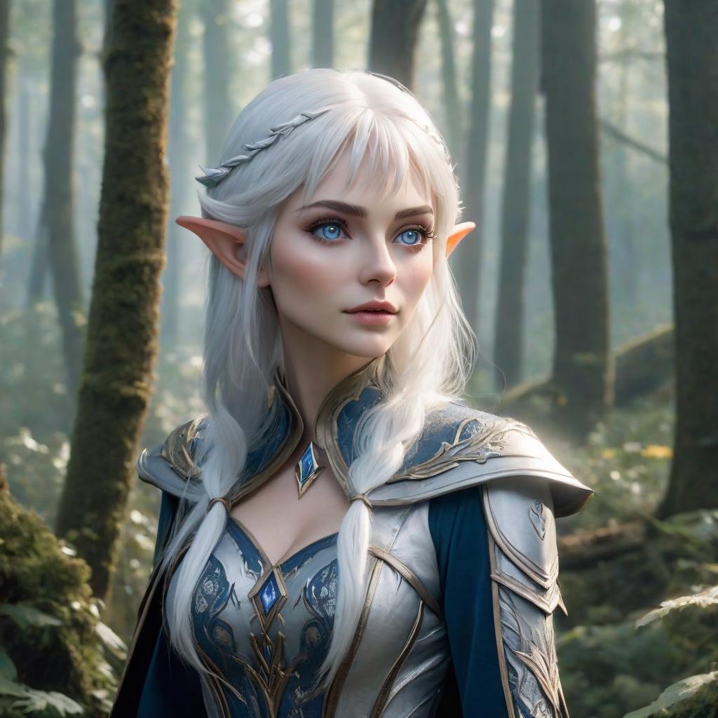  breathtaking A tall elf with white hair and blue eyes in the woods. . award winning, professional, highly detailed hyperrealistic, full body, detailed clothing, highly detailed, cinematic lighting, stunningly beautiful, intricate, sharp focus, f/1. 8, 85mm, (centered image composition), (professionally color graded), ((bright soft diffused light)), volumetric fog, trending on instagram, trending on tumblr, HDR 4K, 8K