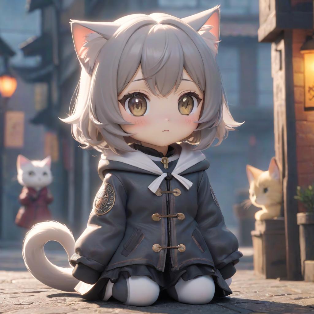  Anime kitten, with ashy hair. small. hyperrealistic, full body, detailed clothing, highly detailed, cinematic lighting, stunningly beautiful, intricate, sharp focus, f/1. 8, 85mm, (centered image composition), (professionally color graded), ((bright soft diffused light)), volumetric fog, trending on instagram, trending on tumblr, HDR 4K, 8K