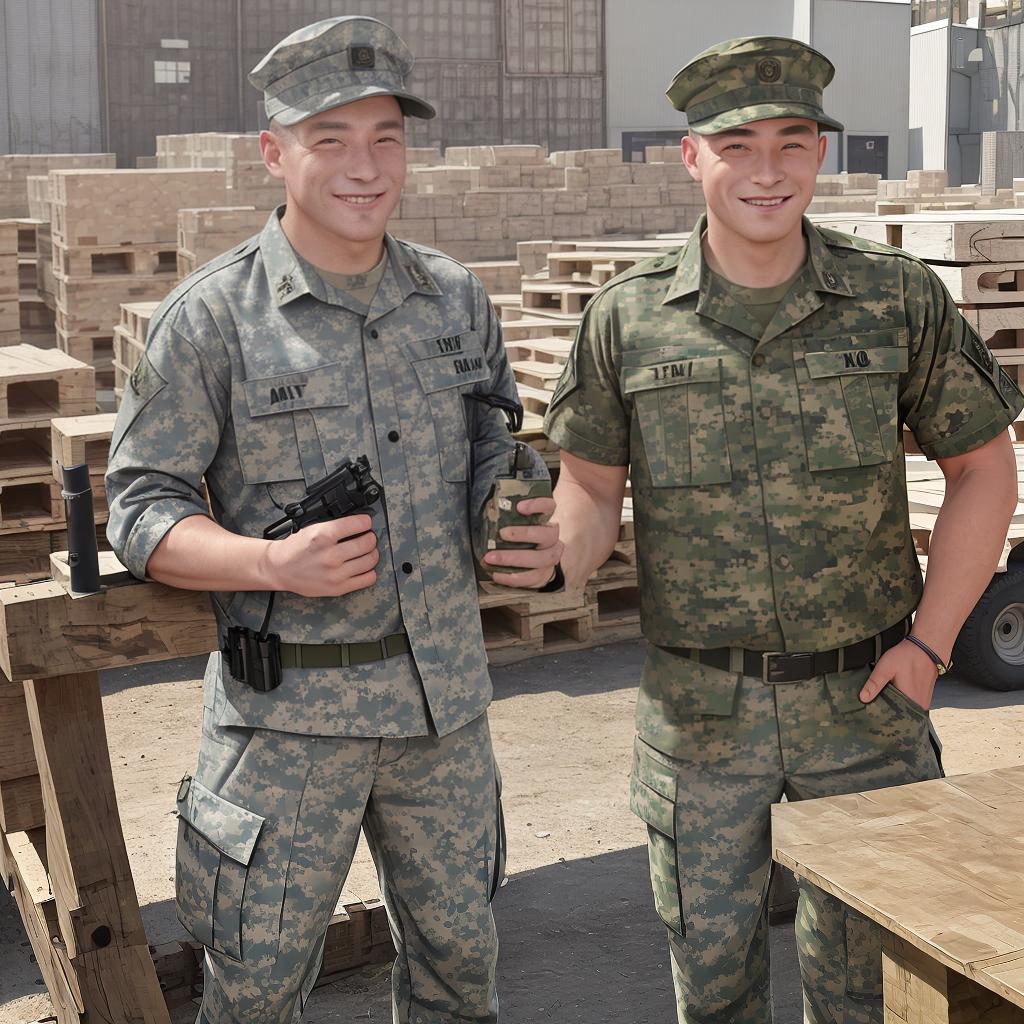  masterpiece, best quality, The image shows a military man smiling at the camera, wearing a camouflage hat and shirt that match the pattern of the hat. They appear to be outdoors, with natural lighting suggesting it might be daytime. In the background, there is what looks like a construction or industrial area with various materials stacked on pallets. The person's expression is friendly and they seem to be in good spirits.