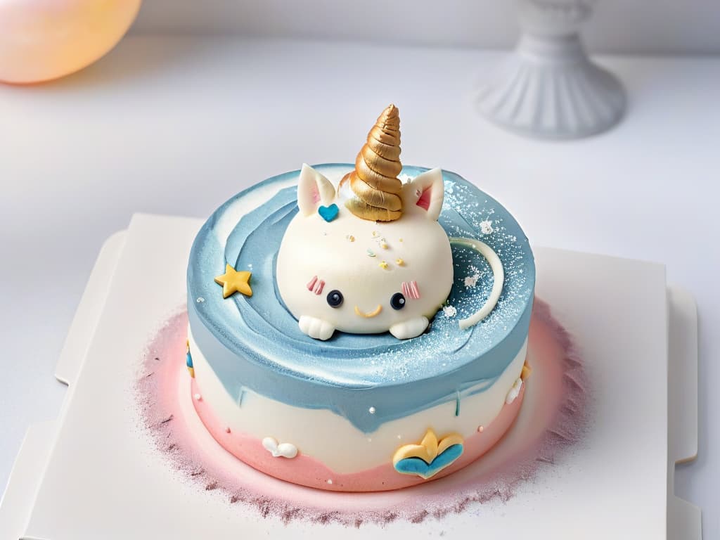  A closeup, ultradetailed image of a pastelcolored unicorn macaron placed on a pristine white marble surface, showcasing intricate details of the horn, mane, and delicate swirls of frosting. The macaron is surrounded by edible glitter and tiny fondant stars, with a soft, ethereal glow highlighting the whimsical creation. hyperrealistic, full body, detailed clothing, highly detailed, cinematic lighting, stunningly beautiful, intricate, sharp focus, f/1. 8, 85mm, (centered image composition), (professionally color graded), ((bright soft diffused light)), volumetric fog, trending on instagram, trending on tumblr, HDR 4K, 8K