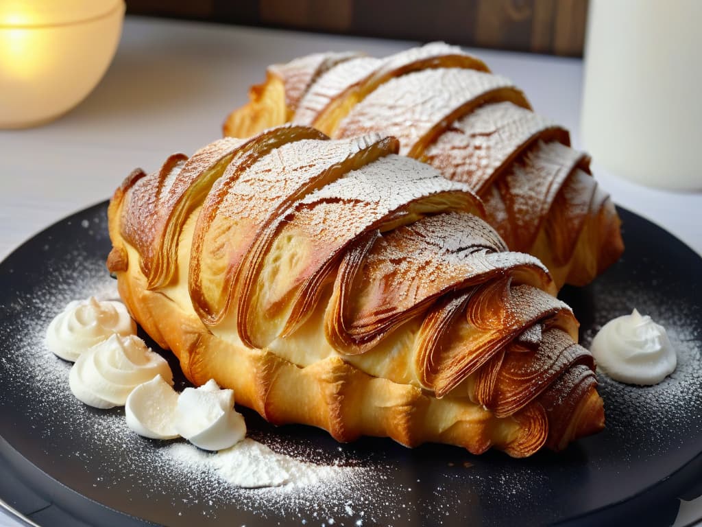  A closeup, ultradetailed image of a perfectly golden and flaky vegan croissant, sprinkled with a light dusting of powdered sugar, resting on a sleek, matte black plate. The delicate layers of the croissant are visible, showcasing the skillful lamination process that results in a buttery, airy texture. The lighting is soft and elegant, emphasizing the craftsmanship and artistry involved in creating this plantbased pastry masterpiece. hyperrealistic, full body, detailed clothing, highly detailed, cinematic lighting, stunningly beautiful, intricate, sharp focus, f/1. 8, 85mm, (centered image composition), (professionally color graded), ((bright soft diffused light)), volumetric fog, trending on instagram, trending on tumblr, HDR 4K, 8K