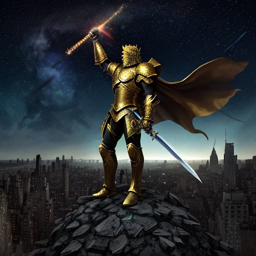  Against the background of the doomsday ruins of Times Square in New York, a scarred human wearing golden armor stood on a hill of monster corpses, holding a big sword and looking up at the stars. He needed the whole body of the character to leave the country, reflecting the sense of desolation.