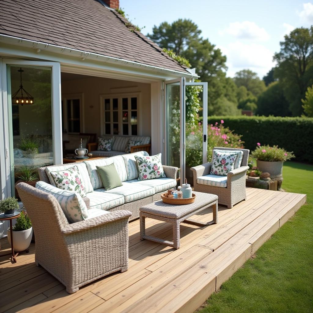  this is an editorial photography showcasing a raised deck extending from a house, designed in the quintessential english country style. the setting features floral patterns, traditional furnishings, and an overall countryside charm, perfectly capturing the essence of a serene and inviting outdoor space.