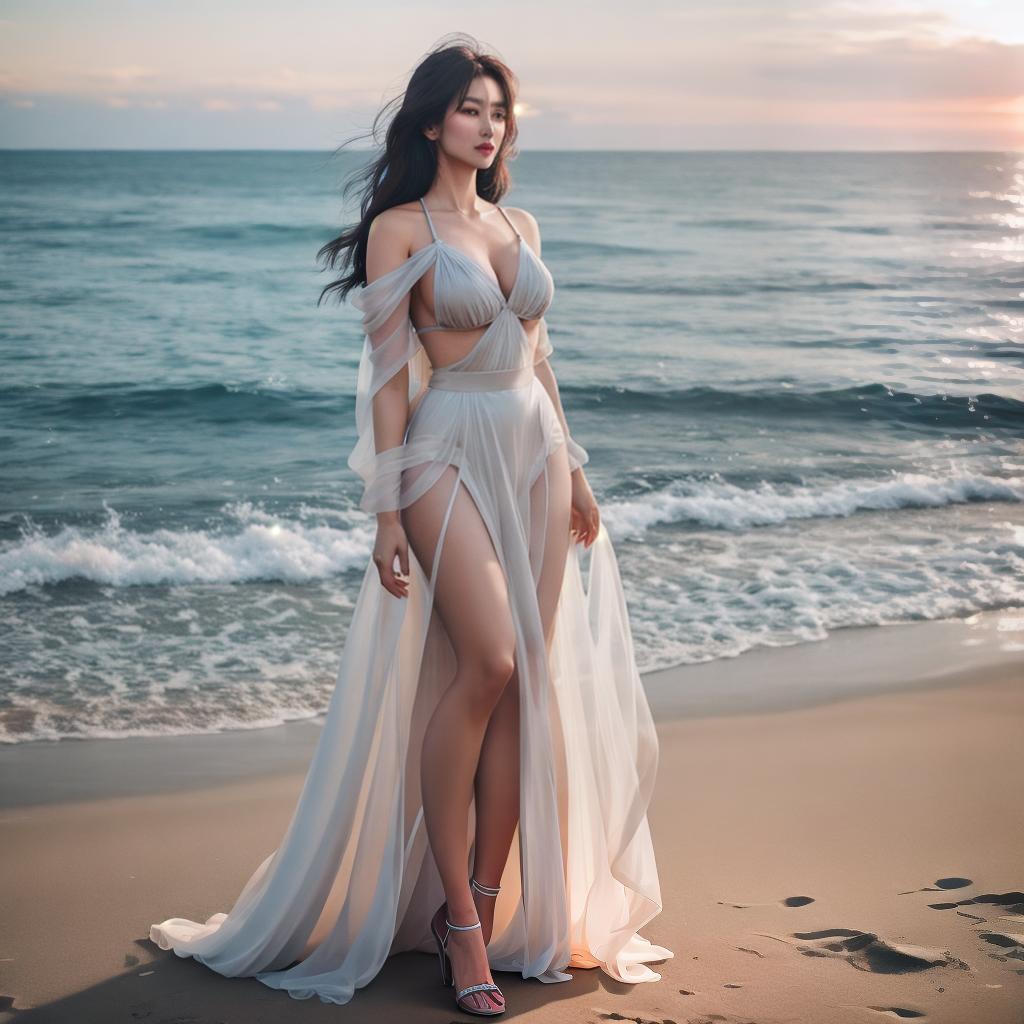  Girl on the beach hyperrealistic, full body, detailed clothing, highly detailed, cinematic lighting, stunningly beautiful, intricate, sharp focus, f/1. 8, 85mm, (centered image composition), (professionally color graded), ((bright soft diffused light)), volumetric fog, trending on instagram, trending on tumblr, HDR 4K, 8K