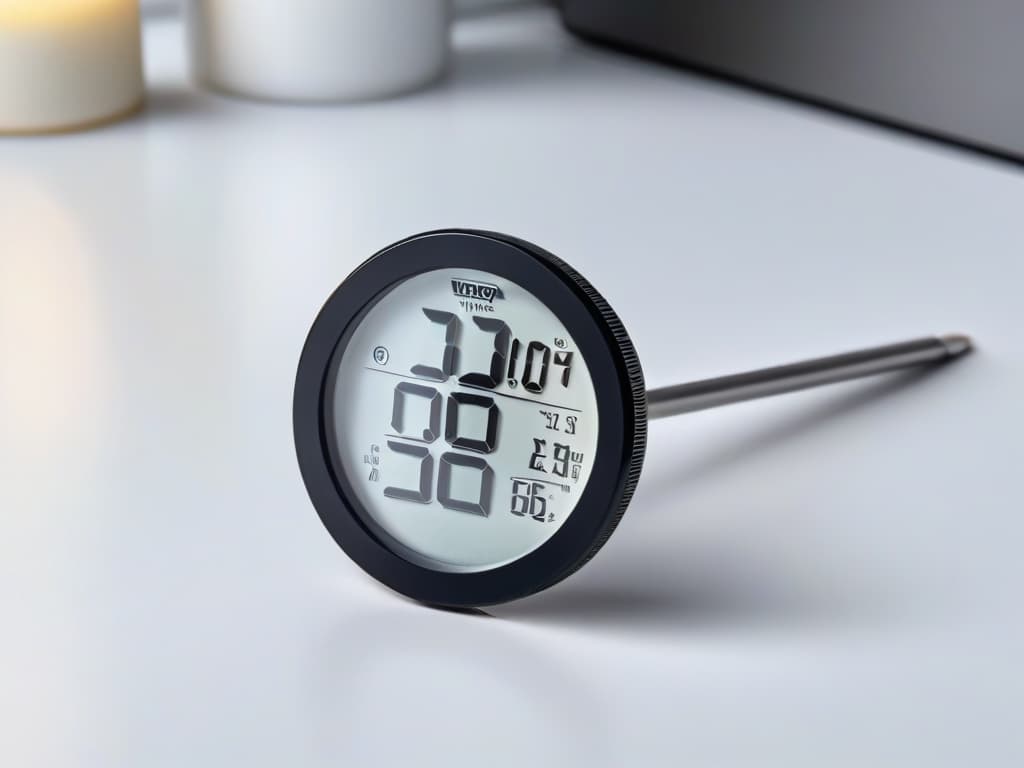  A closeup, ultradetailed image of a sleek, modern digital chocolate thermometer with a stainless steel finish, displaying the temperature reading at precisely 120 degrees Fahrenheit. The numbers on the screen are sharp and clear, reflecting the precision and accuracy of the tool. The background is a soft, blurred gradient of warm brown tones, emphasizing the focus on the thermometer and creating a minimalist and professional aesthetic. hyperrealistic, full body, detailed clothing, highly detailed, cinematic lighting, stunningly beautiful, intricate, sharp focus, f/1. 8, 85mm, (centered image composition), (professionally color graded), ((bright soft diffused light)), volumetric fog, trending on instagram, trending on tumblr, HDR 4K, 8K