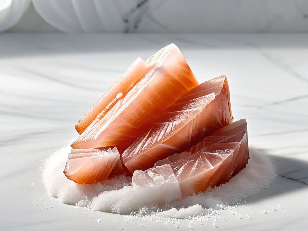  An elegant, minimalistic image of a delicate pink Himalayan salt crystal resting on a pristine white marble surface, with soft natural lighting enhancing its rosy hue and intricate crystalline structure. The crystal is surrounded by a few scattered grains of the same salt, highlighting its purity and uniqueness. The composition exudes a sense of sophistication and purity, perfectly complementing the theme of the article on using Himalayan salt in sweet pastries. hyperrealistic, full body, detailed clothing, highly detailed, cinematic lighting, stunningly beautiful, intricate, sharp focus, f/1. 8, 85mm, (centered image composition), (professionally color graded), ((bright soft diffused light)), volumetric fog, trending on instagram, trending on tumblr, HDR 4K, 8K