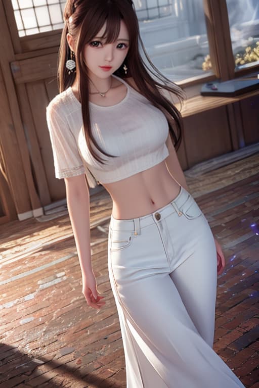  masterpiece, best quality, highres, aarin, long hair, earrings, <lora:shibuya rin v1:0.7>, t shirt, white shirt, clothes writing, midriff, jeans, hands in pockets hyperrealistic, full body, detailed clothing, highly detailed, cinematic lighting, stunningly beautiful, intricate, sharp focus, f/1. 8, 85mm, (centered image composition), (professionally color graded), ((bright soft diffused light)), volumetric fog, trending on instagram, trending on tumblr, HDR 4K, 8K