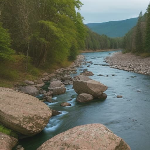  A beautiful landscape, river, rocks, trees