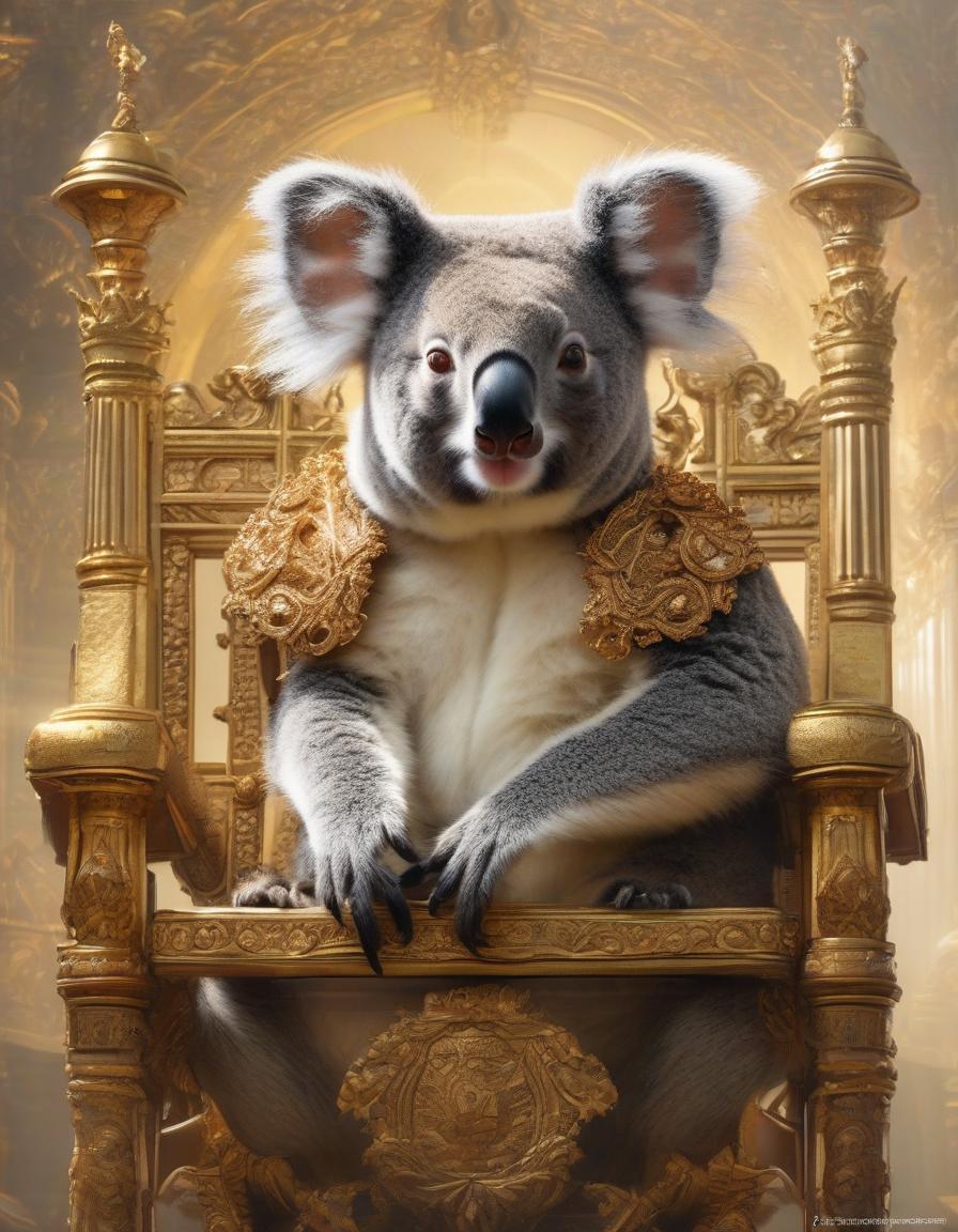  A koala with a scar on its left eye is seated on a majestic throne, thus demonstrating who is at the top of the hierarchical ladder in society, a detailed sketch, soft tones in the background, golden glimmers in the air. hyperrealistic, full body, detailed clothing, highly detailed, cinematic lighting, stunningly beautiful, intricate, sharp focus, f/1. 8, 85mm, (centered image composition), (professionally color graded), ((bright soft diffused light)), volumetric fog, trending on instagram, trending on tumblr, HDR 4K, 8K