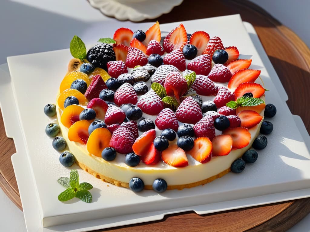  An ultradetailed, highresolution image of a beautifully arranged platter of colorful fruit tarts, each meticulously decorated with a variety of fresh berries and mint leaves. The tarts sit on a sleek, white marble serving board, showcasing their vibrant colors and intricate designs. The natural light streaming in highlights the glossy glaze on the fruits, creating a visually stunning and appetizing scene that perfectly captures the essence of healthy, sugarfree pastries. hyperrealistic, full body, detailed clothing, highly detailed, cinematic lighting, stunningly beautiful, intricate, sharp focus, f/1. 8, 85mm, (centered image composition), (professionally color graded), ((bright soft diffused light)), volumetric fog, trending on instagram, trending on tumblr, HDR 4K, 8K