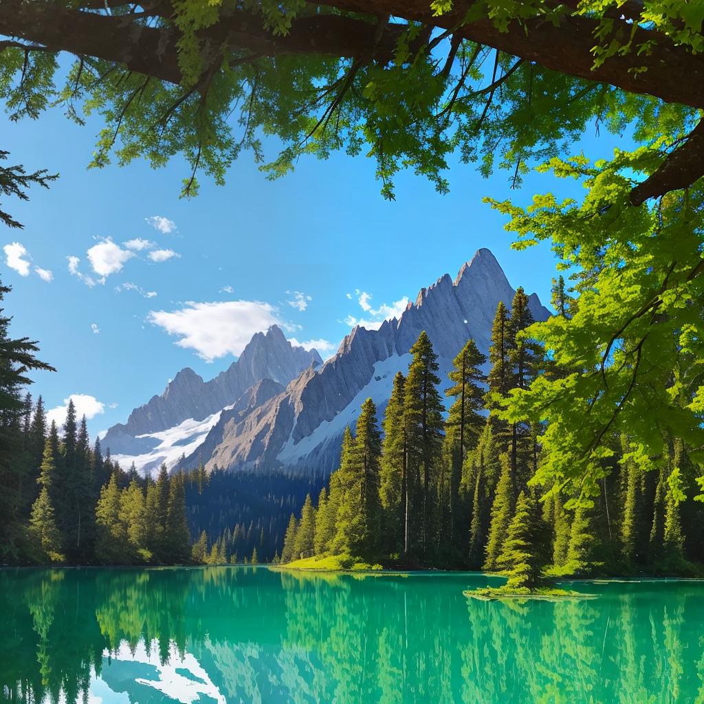  as a painting, Convey the serene majesty of towering mountains reflected in the crystal-clear waters of a tranquil alpine lake, using your unique artistic vision to evoke a sense of awe and tranquility.