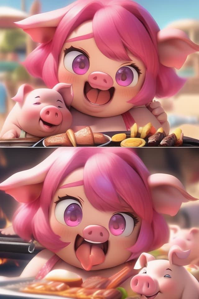  extremely obese girl、pink colored hair、((bright deep pink colored drooping pig's ears:1.4、ultra detailed plump & fat face sweaty smile:1.4、ultra detailed shiny black skin:1.4))、(((on the beach:1.4、barbecue:1.4)))、(、eating a lot of barbecue)、dutch angle、best quality:1.4、masterpiece:1.4、ultra detailed texture、RAW photorealistic、absurd resolution、8K illustration、💩、💩、💩