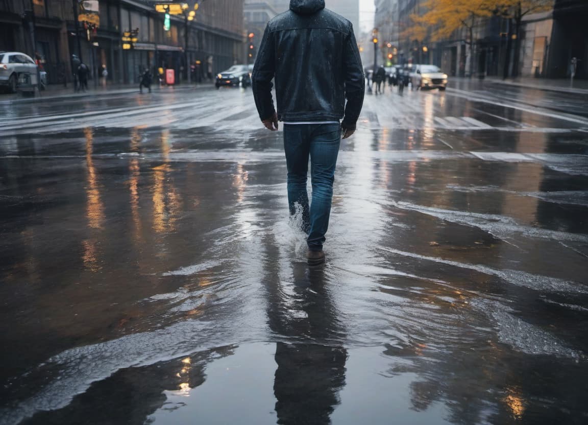  A man walks through the puddles in the city wearing jeans. hyperrealistic, full body, detailed clothing, highly detailed, cinematic lighting, stunningly beautiful, intricate, sharp focus, f/1. 8, 85mm, (centered image composition), (professionally color graded), ((bright soft diffused light)), volumetric fog, trending on instagram, trending on tumblr, HDR 4K, 8K