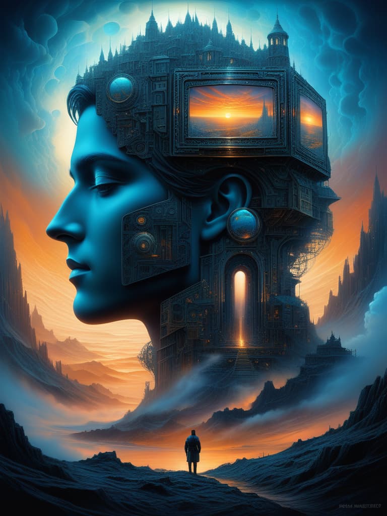  dreamscape Fusion of machine and man, singularity, double exposure, oil painting, patchwork, matte painting, fantasy mosaic, volumetric lighting, sharp focus, precise details, ultra-high detail, realistic rendering, digital art, influenced by Beksinski and Dan Mumford. An award-winning masterpiece. . surreal, ethereal, dreamy, mysterious, fantasy, highly detailed