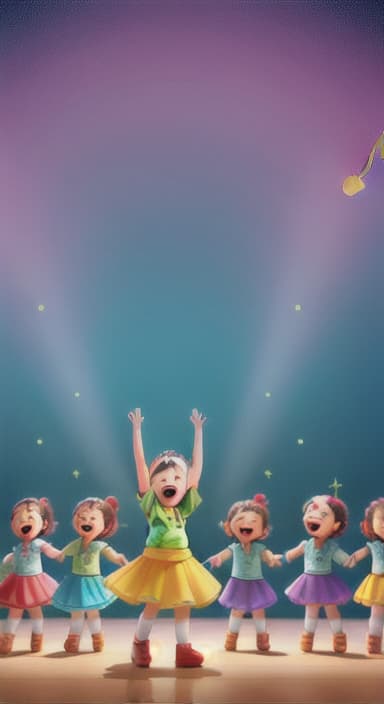  {Children singing and dancing with wide smiles and musical notes floating around them., Kids joyfully dancing and singing, showing their energy and happiness.