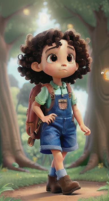  {The tree shining brightly and releasing a gentle, magical light., Riley, a curious with big brown eyes and curly hair, wearing overalls and carrying a small backpack. Their friend, Skye, a bluebird with shiny feathers.