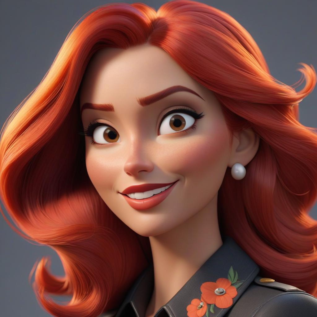  professional 3d model Draw a woman in the Pixar style: she is cheerful. She has straight and red hair. She has soft facial features. . octane render, highly detailed, volumetric, dramatic lighting hyperrealistic, full body, detailed clothing, highly detailed, cinematic lighting, stunningly beautiful, intricate, sharp focus, f/1. 8, 85mm, (centered image composition), (professionally color graded), ((bright soft diffused light)), volumetric fog, trending on instagram, trending on tumblr, HDR 4K, 8K