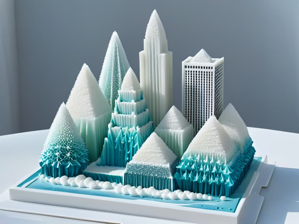  A closeup, ultradetailed image of a delicate sugar sculpture resembling a futuristic cityscape, with intricate geometric patterns and transparent elements, showcased on a sleek, minimalist white platter. The sculpture glistens under soft, focused lighting, highlighting the precision and artistry of molecular gastronomy in the realm of pastry and dessert creation. hyperrealistic, full body, detailed clothing, highly detailed, cinematic lighting, stunningly beautiful, intricate, sharp focus, f/1. 8, 85mm, (centered image composition), (professionally color graded), ((bright soft diffused light)), volumetric fog, trending on instagram, trending on tumblr, HDR 4K, 8K