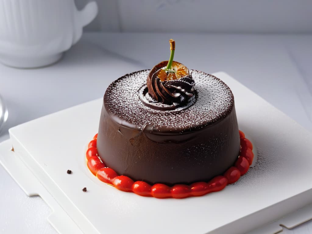  An ultradetailed closeup image of a decadent chocolate chili truffle, showcasing the smooth, glossy surface of the dark chocolate shell dusted with red chili flakes. The truffle is elegantly placed on a sleek, white porcelain plate, with a subtle drizzle of honey glistening under the soft lighting, emphasizing the contrast between the sweet and spicy elements of the dessert. The intricate textures and vibrant colors create a visually striking and appetizing composition that perfectly captures the essence of the bold and unique flavor profile of sweet and spicy desserts. hyperrealistic, full body, detailed clothing, highly detailed, cinematic lighting, stunningly beautiful, intricate, sharp focus, f/1. 8, 85mm, (centered image composition), (professionally color graded), ((bright soft diffused light)), volumetric fog, trending on instagram, trending on tumblr, HDR 4K, 8K