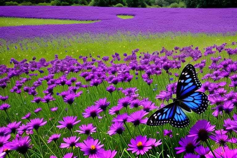  A butterfly flying through the air it's sunny outside there is a field of flowers the butterfly is blue purple and black A whole colony of butterflies Blue blue and purple like mixing together I want a field of butterflies a colony basically a herd