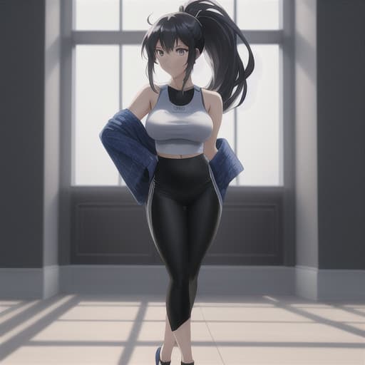  [Mrs. Emily],[anime background] [anime] [japan anime style] [2D image] [2D anime], [a anime woman, a lantina person, olds, body, blue eyes, ponytail hair style, black hair, flat s], [a outdoor or indoor background, wearing a yoga outfit, full body image], [best quality, 16k image] hyperrealistic, full body, detailed clothing, highly detailed, cinematic lighting, stunningly beautiful, intricate, sharp focus, f/1. 8, 85mm, (centered image composition), (professionally color graded), ((bright soft diffused light)), volumetric fog, trending on instagram, trending on tumblr, HDR 4K, 8K