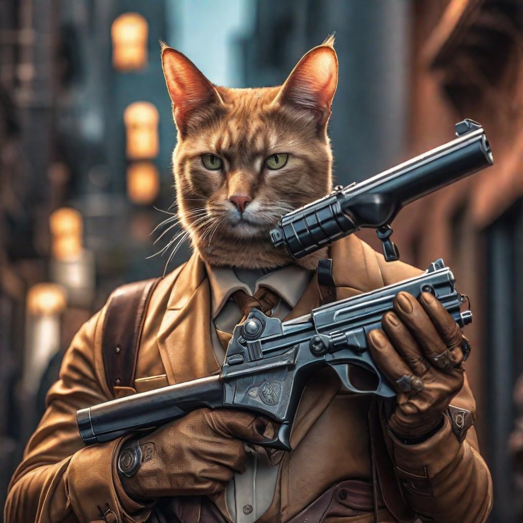  Crea un gato con una pistola en la mano hyperrealistic, full body, detailed clothing, highly detailed, cinematic lighting, stunningly beautiful, intricate, sharp focus, f/1. 8, 85mm, (centered image composition), (professionally color graded), ((bright soft diffused light)), volumetric fog, trending on instagram, trending on tumblr, HDR 4K, 8K