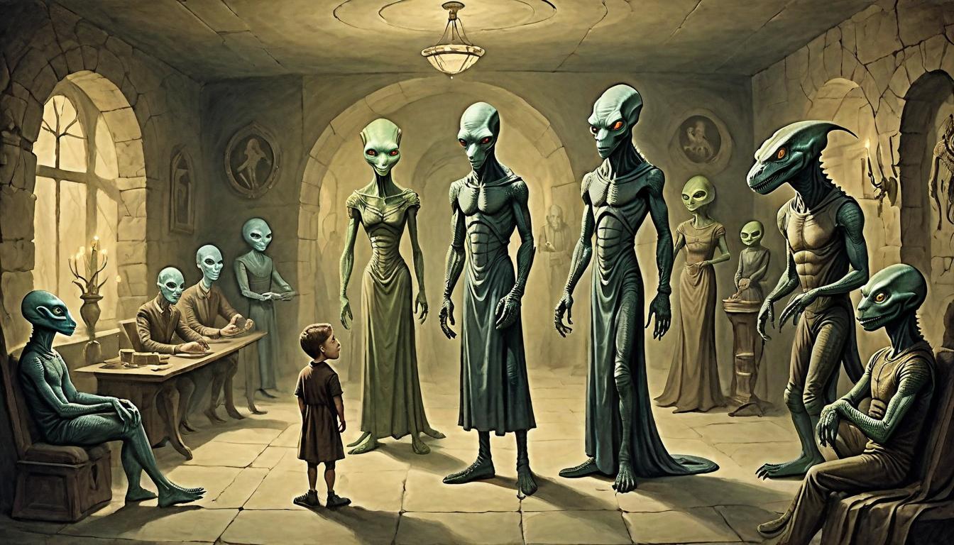  on parchment, surrealism+++, Reptilian figures with humanoid bodies, rough scales, alien eyes, standing amidst a human family in a dimly lit room, uncanny, surreal(mysterious, provocative, symbolic,muted color)+++