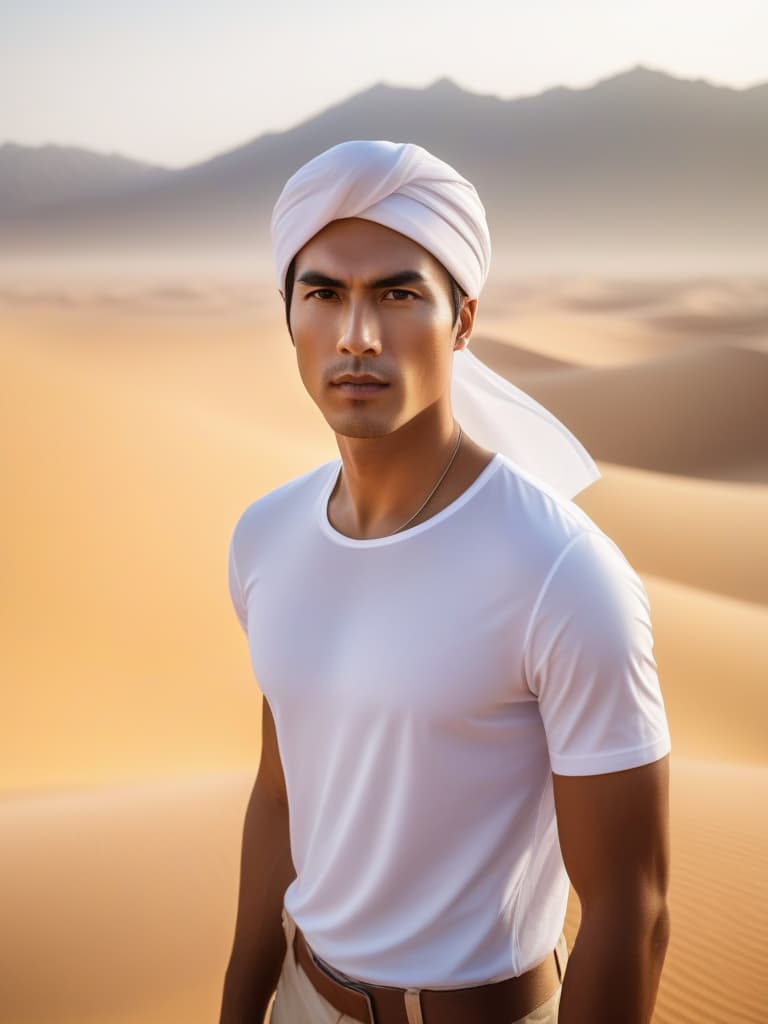  Half body portrait,Young Asian Man Tourist wear casual short sleeve t shirt and shorts , tie a solid white casual Headscarf standing in desert, look at to camera, cinematic lighting, stunningly beautiful, intricate, sharp focus, f/1. 8, 85mm, (professionally color graded), ((bright soft diffused light)), volumetric fog, trending on instagram, trending on tumblr, HDR 4K, 8K hyperrealistic, full body, detailed clothing, highly detailed, cinematic lighting, stunningly beautiful, intricate, sharp focus, f/1. 8, 85mm, (centered image composition), (professionally color graded), ((bright soft diffused light)), volumetric fog, trending on instagram, trending on tumblr, HDR 4K, 8K