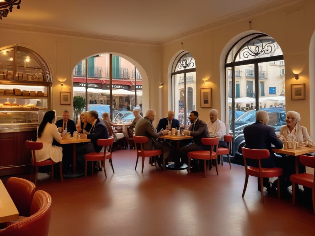  A photorealistic image of a group of people in a bustling Italian cafe, elegantly dressed, savoring decadent slices of tiramisú while engaged in lively conversation. The scene captures the essence of Italian culture, with rich espresso cups, freshly baked pastries, and vibrant expressions of delight on the diners' faces. The warm, inviting ambiance of the cafe is palpable, with soft lighting, intricate decor, and the tantalizing aroma of coffee lingering in the air. hyperrealistic, full body, detailed clothing, highly detailed, cinematic lighting, stunningly beautiful, intricate, sharp focus, f/1. 8, 85mm, (centered image composition), (professionally color graded), ((bright soft diffused light)), volumetric fog, trending on instagram, trending on tumblr, HDR 4K, 8K