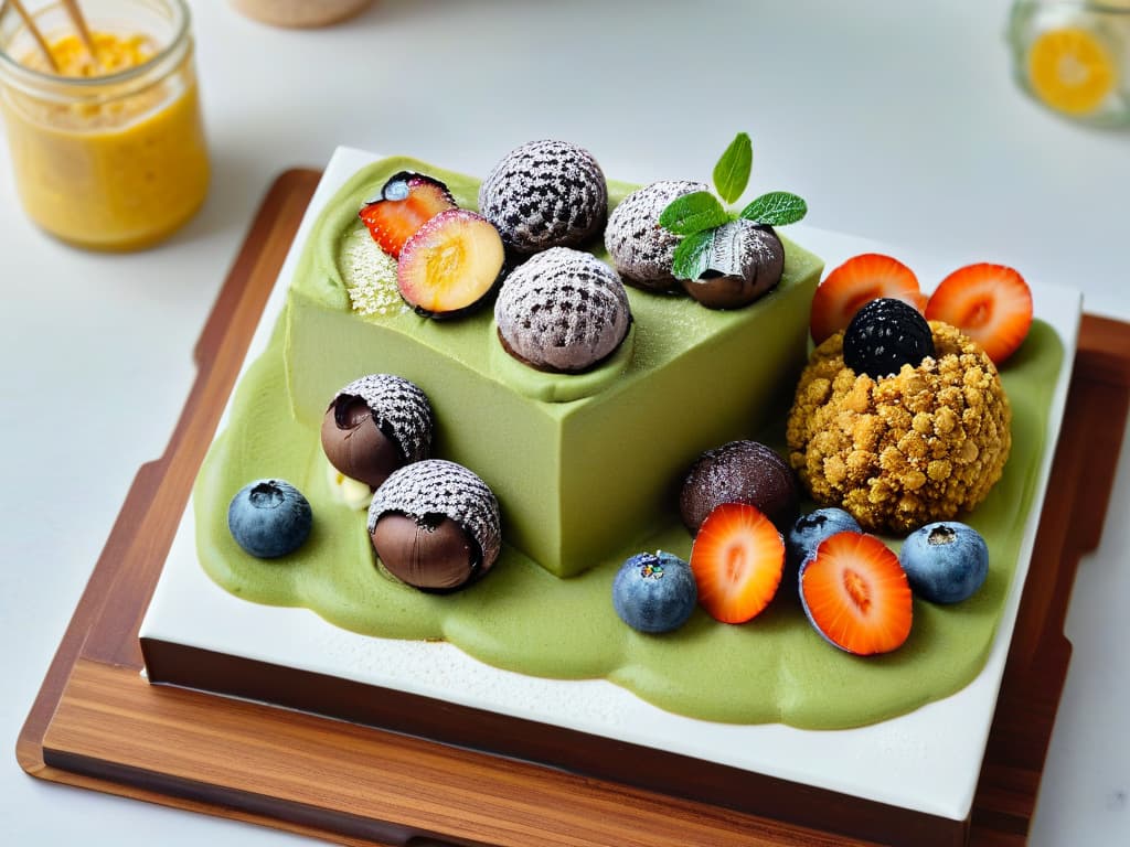  An ultradetailed image of a serene minimalist kitchen countertop with a wooden cutting board displaying a beautifully arranged assortment of healthy desserts infused with ashwagandha. The desserts include colorful chia seed pudding topped with fresh berries, decadent chocolate avocado mousse garnished with cacao nibs, and golden turmeric energy balls dusted with coconut flakes, all surrounded by scattered ashwagandha leaves and dried flowers for a touch of natural elegance. The soft natural light filtering through a nearby window casts a gentle glow on the scene, highlighting the textures and colors of the delicious and nutritious treats. hyperrealistic, full body, detailed clothing, highly detailed, cinematic lighting, stunningly beautiful, intricate, sharp focus, f/1. 8, 85mm, (centered image composition), (professionally color graded), ((bright soft diffused light)), volumetric fog, trending on instagram, trending on tumblr, HDR 4K, 8K