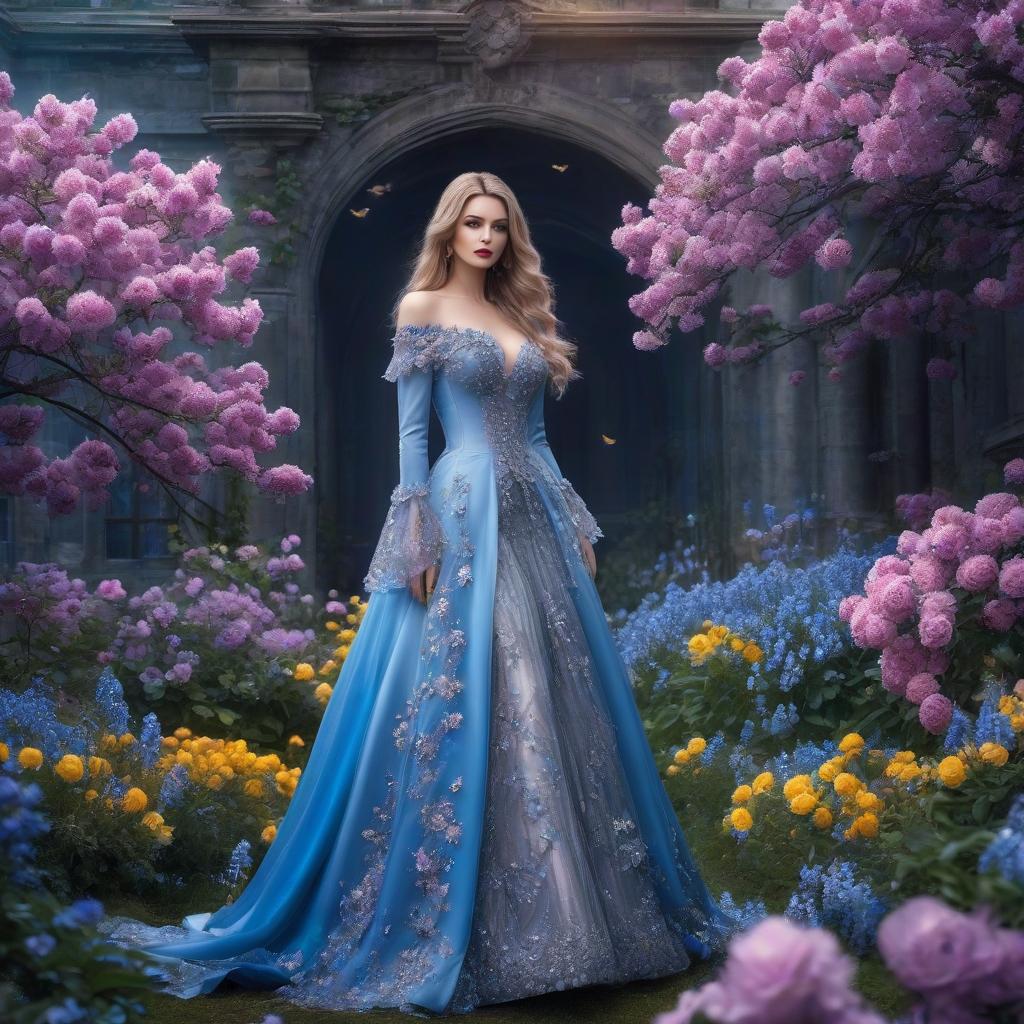  Gothic castle. Flying saucer. Space, fantasy. Purple, blue, silver colors. Moon. The girl in the gold dress. A very pretty girl. Garden of Eden. Rain. Fairy tale blue eyed eagle. Fairy tale blue eyed eagle. ((Sparkling rim)): spring field, hyacinths, roses, rosehips, rose hips, peonies, cherry tree, yellow, red, black flowers, forget me nots. Clear eyes hyperrealistic, full body, detailed clothing, highly detailed, cinematic lighting, stunningly beautiful, intricate, sharp focus, f/1. 8, 85mm, (centered image composition), (professionally color graded), ((bright soft diffused light)), volumetric fog, trending on instagram, trending on tumblr, HDR 4K, 8K