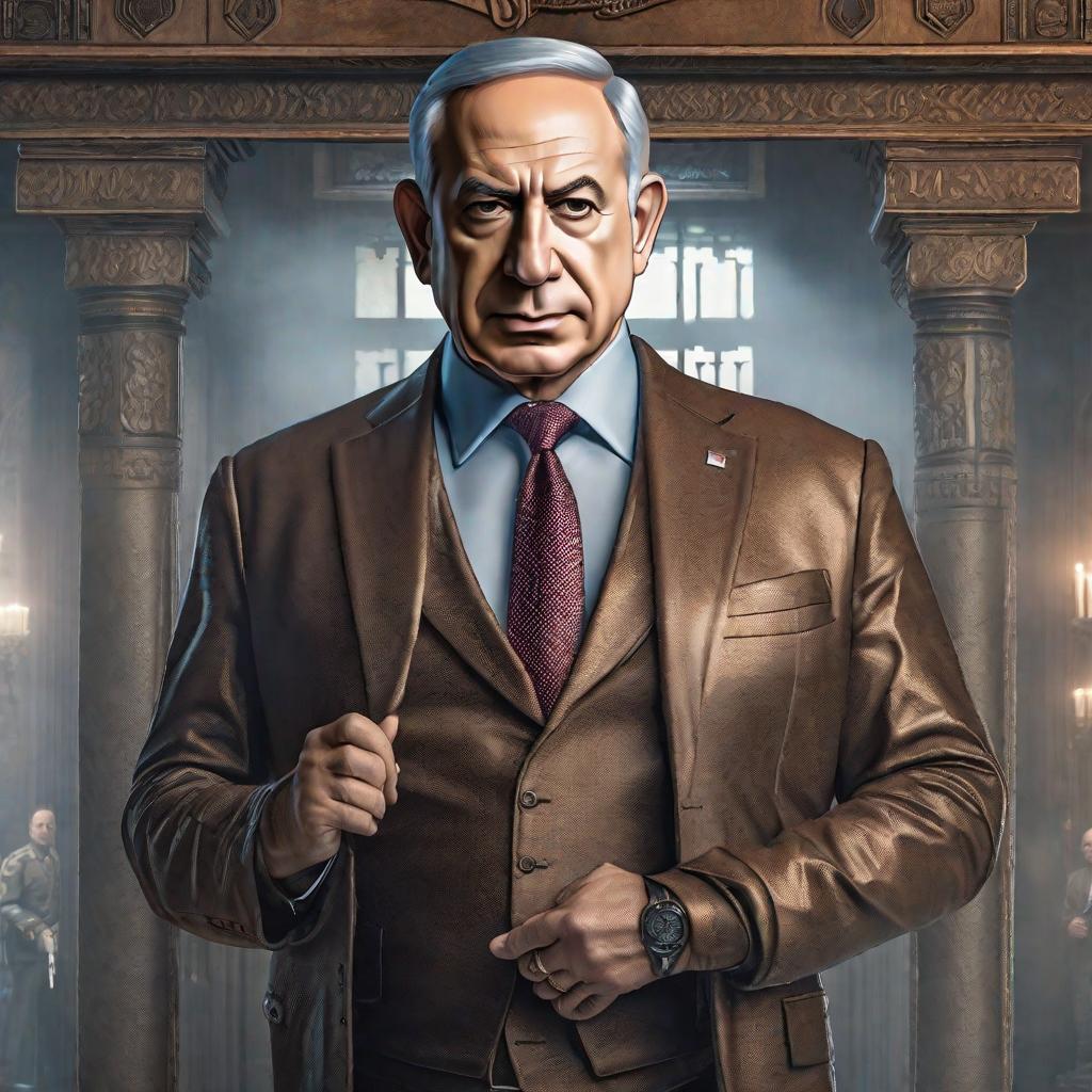  Netanyahu en la cárcel hyperrealistic, full body, detailed clothing, highly detailed, cinematic lighting, stunningly beautiful, intricate, sharp focus, f/1. 8, 85mm, (centered image composition), (professionally color graded), ((bright soft diffused light)), volumetric fog, trending on instagram, trending on tumblr, HDR 4K, 8K