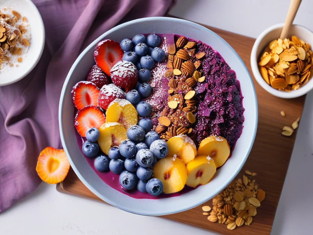  A highresolution, minimalist image of a vibrant açaí bowl topped with fresh berries, granola, and coconut flakes, set against a clean, white backdrop. The deep purple hues of the açaí contrast beautifully with the bright colors of the toppings, creating an enticing and visually appealing composition that embodies the exotic and healthy allure of incorporating açaí into desserts. hyperrealistic, full body, detailed clothing, highly detailed, cinematic lighting, stunningly beautiful, intricate, sharp focus, f/1. 8, 85mm, (centered image composition), (professionally color graded), ((bright soft diffused light)), volumetric fog, trending on instagram, trending on tumblr, HDR 4K, 8K