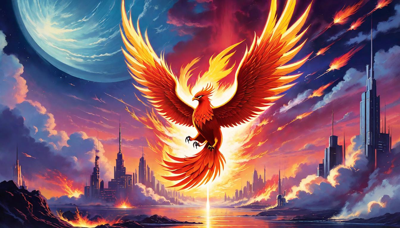  retro futuristic A phoenix rising from the ashes under a twilight sky, symbolizing lessons gleaned from challenges, form majestic and resolute, sky dusky and hopeful, rebirth powerful and inspiring, ashes to flight vivid. lvintage sci fi, 50s and 60s style, atomic age, vibrant, highly detailed