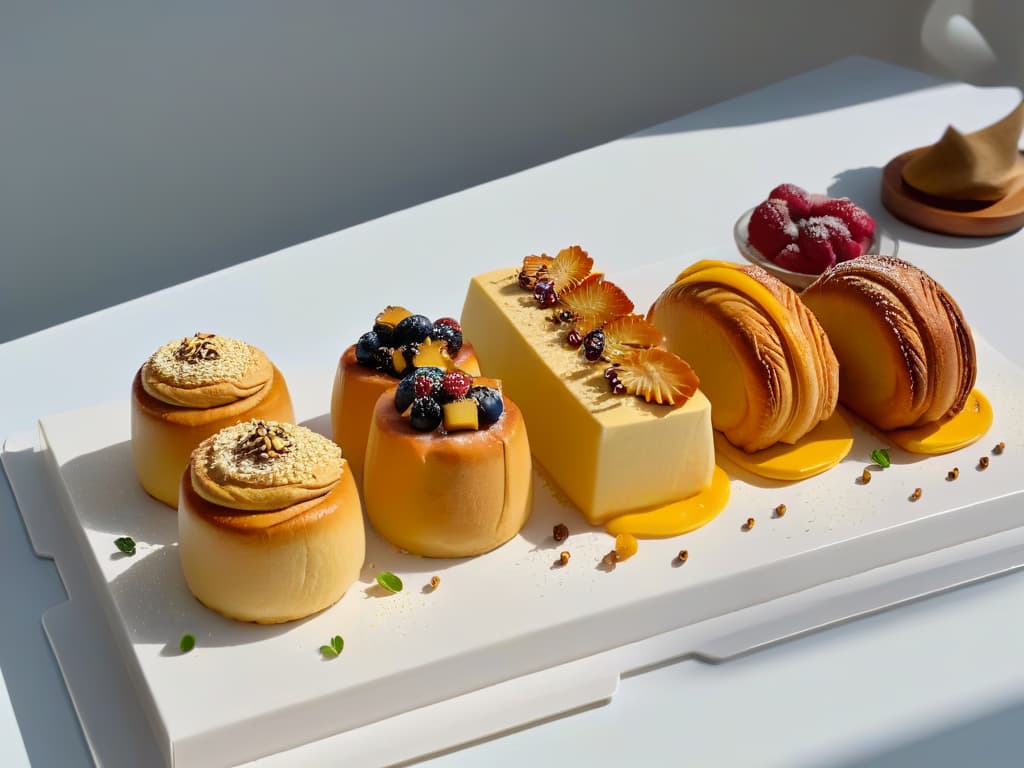  An ultradetailed 8k image showcasing a closeup of a beautifully arranged assortment of freshly baked quinoabased pastries on a sleek, modern white platter. The pastries are golden brown, with a delicate glaze glistening under soft, natural lighting. Each pastry is meticulously garnished with a sprinkle of quinoa seeds, adding a touch of elegance and highlighting the incorporation of this nutritious grain into the delectable desserts. The minimalistic presentation emphasizes the texture and artistry of the pastries, inviting the viewer to explore the article's content on the benefits of using quinoa in baking. hyperrealistic, full body, detailed clothing, highly detailed, cinematic lighting, stunningly beautiful, intricate, sharp focus, f/1. 8, 85mm, (centered image composition), (professionally color graded), ((bright soft diffused light)), volumetric fog, trending on instagram, trending on tumblr, HDR 4K, 8K