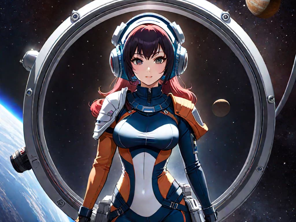  A person at outer space wearing space mercenary bimbo.