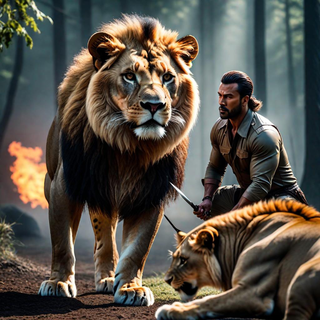  I guy who is stabbing a lion. hyperrealistic, full body, detailed clothing, highly detailed, cinematic lighting, stunningly beautiful, intricate, sharp focus, f/1. 8, 85mm, (centered image composition), (professionally color graded), ((bright soft diffused light)), volumetric fog, trending on instagram, trending on tumblr, HDR 4K, 8K