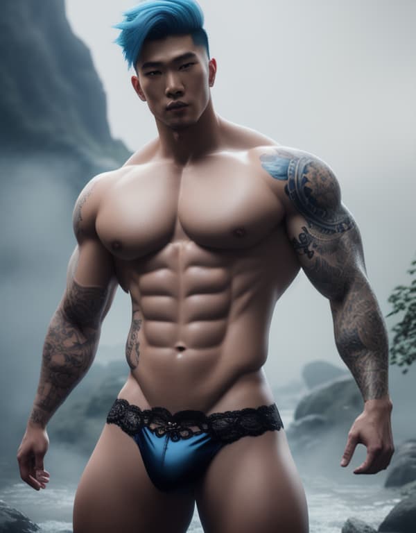  muscle, tattooed Chinese beautiful boy with white lace and blue hair, lifting his in river， whole dorsal body，chest hair hyperrealistic, full body, detailed clothing, highly detailed, cinematic lighting, stunningly beautiful, intricate, sharp focus, f/1. 8, 85mm, (centered image composition), (professionally color graded), ((bright soft diffused light)), volumetric fog, trending on instagram, trending on tumblr, HDR 4K, 8K