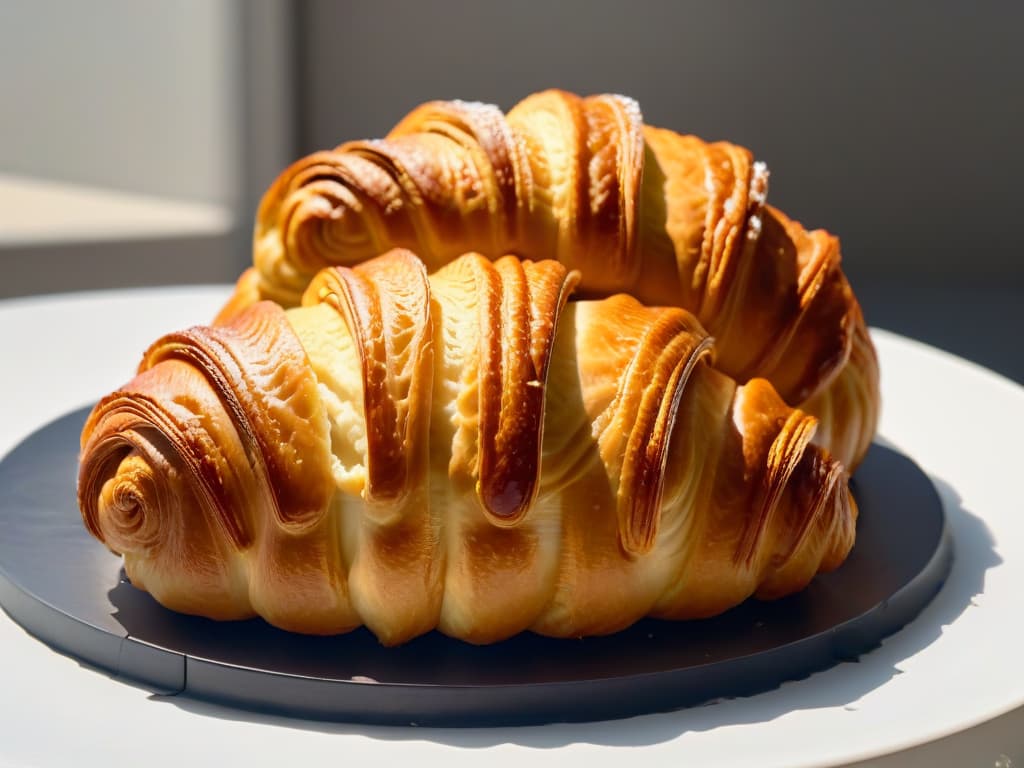  A closeup, ultradetailed image of a perfectly golden, flaky croissant, fresh out of the oven, with steam rising from its layers, showcasing the meticulous lamination and precise baking technique. The background is softly blurred to emphasize the intricate layers of the croissant, highlighting its buttery sheen and inviting texture. hyperrealistic, full body, detailed clothing, highly detailed, cinematic lighting, stunningly beautiful, intricate, sharp focus, f/1. 8, 85mm, (centered image composition), (professionally color graded), ((bright soft diffused light)), volumetric fog, trending on instagram, trending on tumblr, HDR 4K, 8K